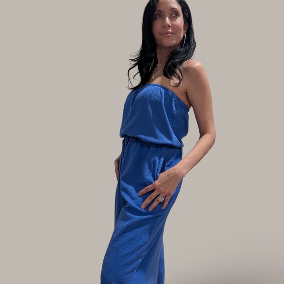 Aerie Royal Blue Gauzy Strapless Jumpsuit with Pockets - Medium - Picture 4 of 10